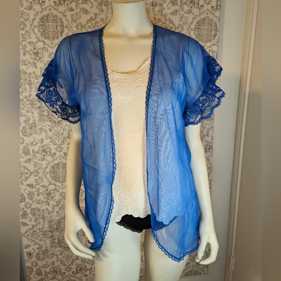 Stardust Vintage Royal Blue Sheer Lace & Tulle Nightgown cover up Short robe Lg - Picture 4 of 8